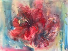 Aquarelle fleur rouge sur papier état neuf