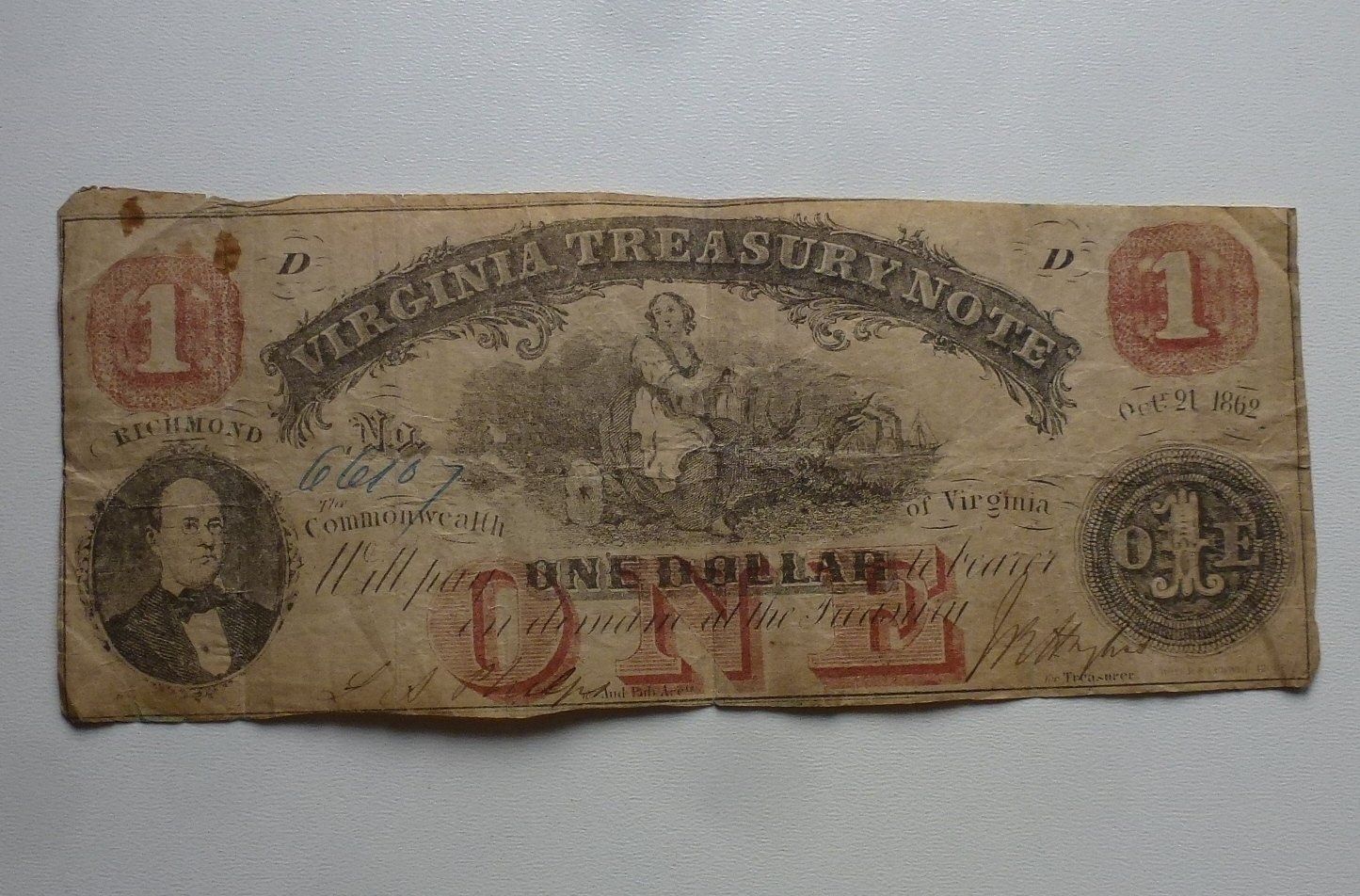 Banconote: Virginia ++ 1 Dollar 1862, Treasury Note – Usato da Walkringen venduto da Casablanca777