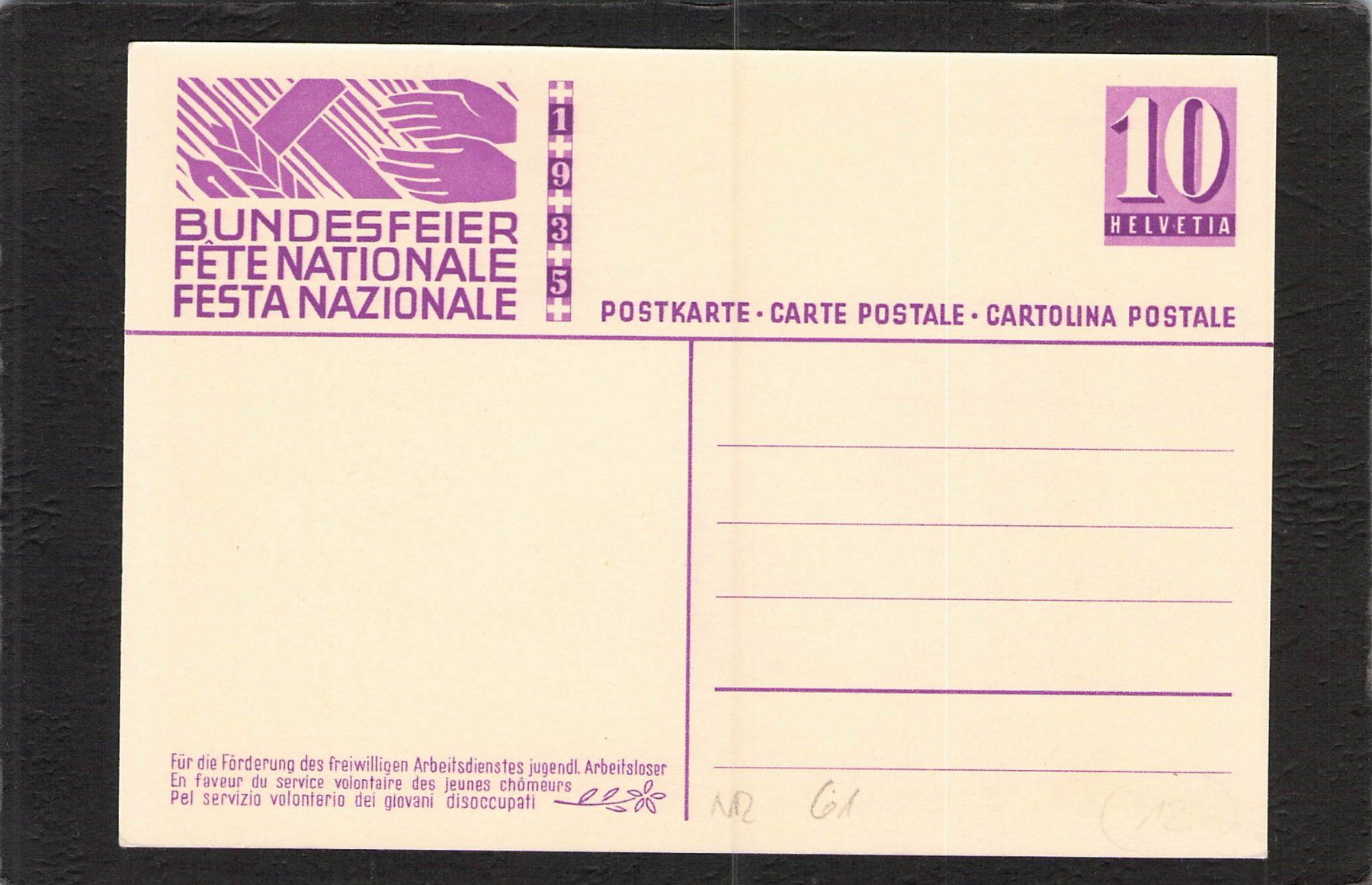 Tutti i francobolli: Bundesfeierkarte 1935 , Nr. 62 – Usato da Reichenburg venduto da ibiza18 1