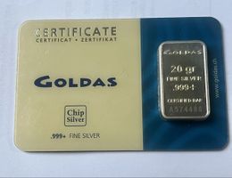 Silberbarren Goldas 20g 999 Fine Silver mit Zertifikat