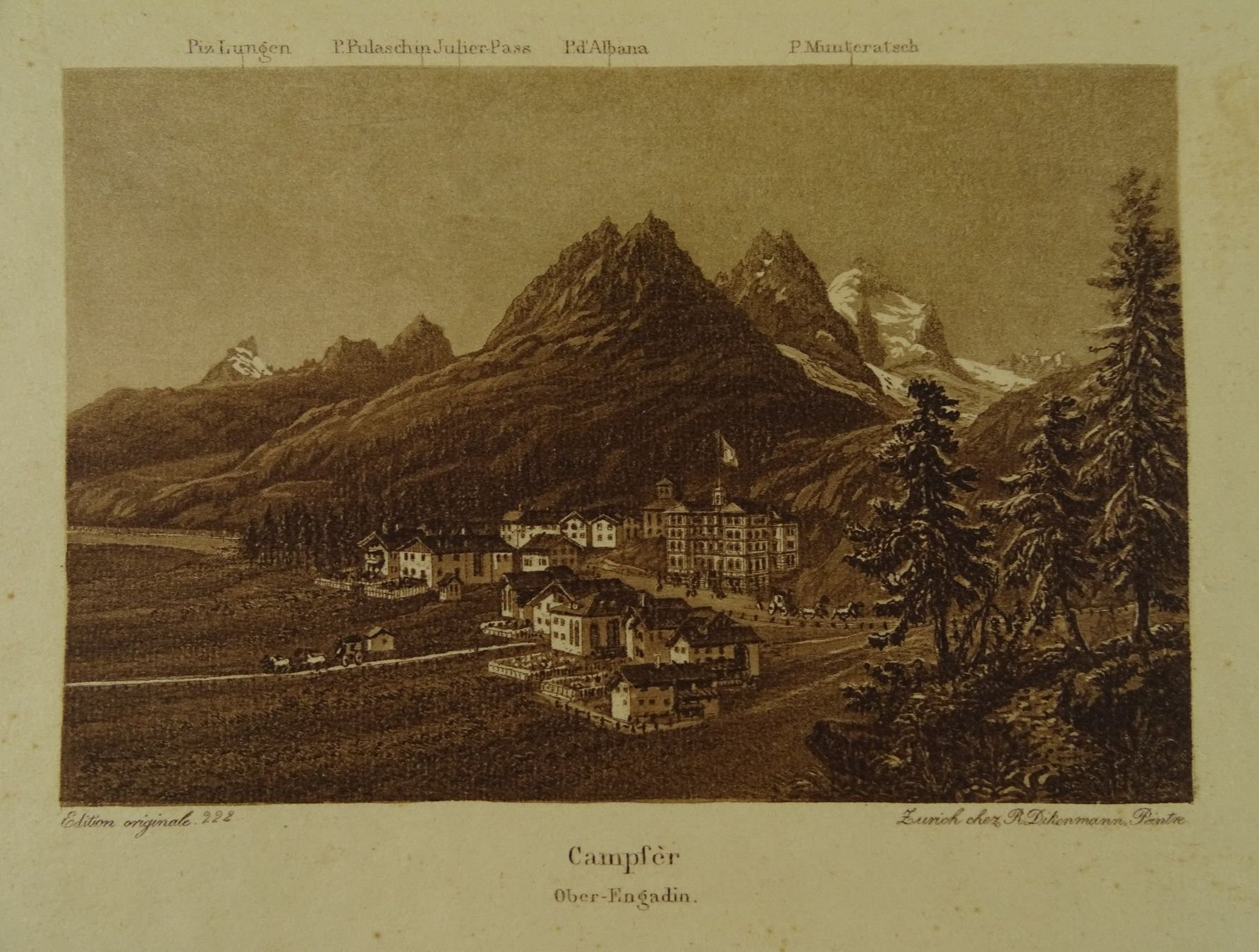 Incisioni: CAMPFER, ENGADIN, DIKENMANN AQUATINTA UM 1850 – Usato da Grüningen venduto da Kartensammler