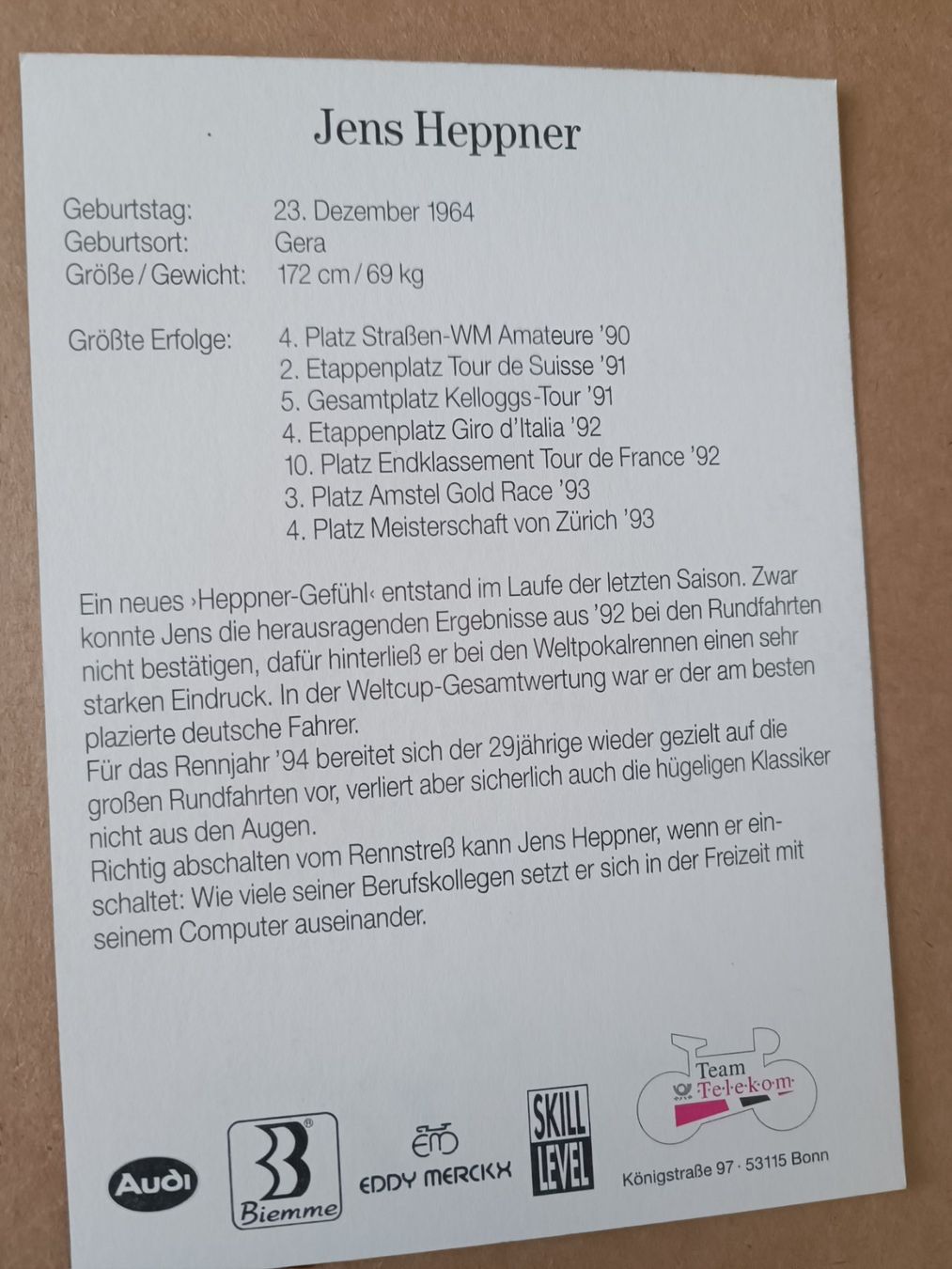 Autografi: Jens Heppner - handsigniert Autogrammkarte von  1994 – Usato da Menziken venduto da Autogramme 1