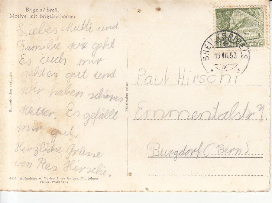 Cartoline postali: Brigels 1953 – Usato da Bürglen TG venduto da StampGraf 1