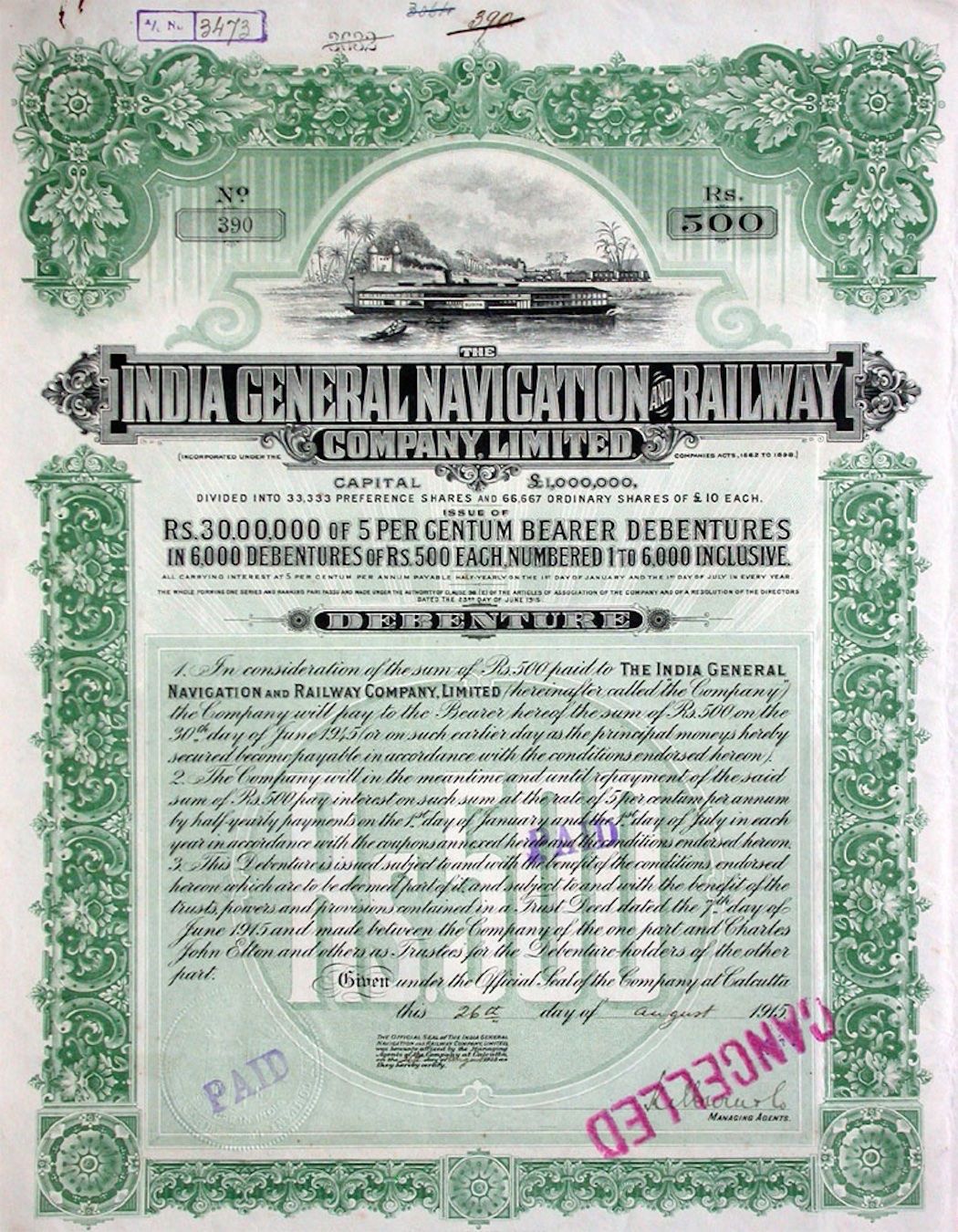 Documenti: India General Navigation & Railway Company - 1915 – Usato da Solothurn venduto da Sgasche