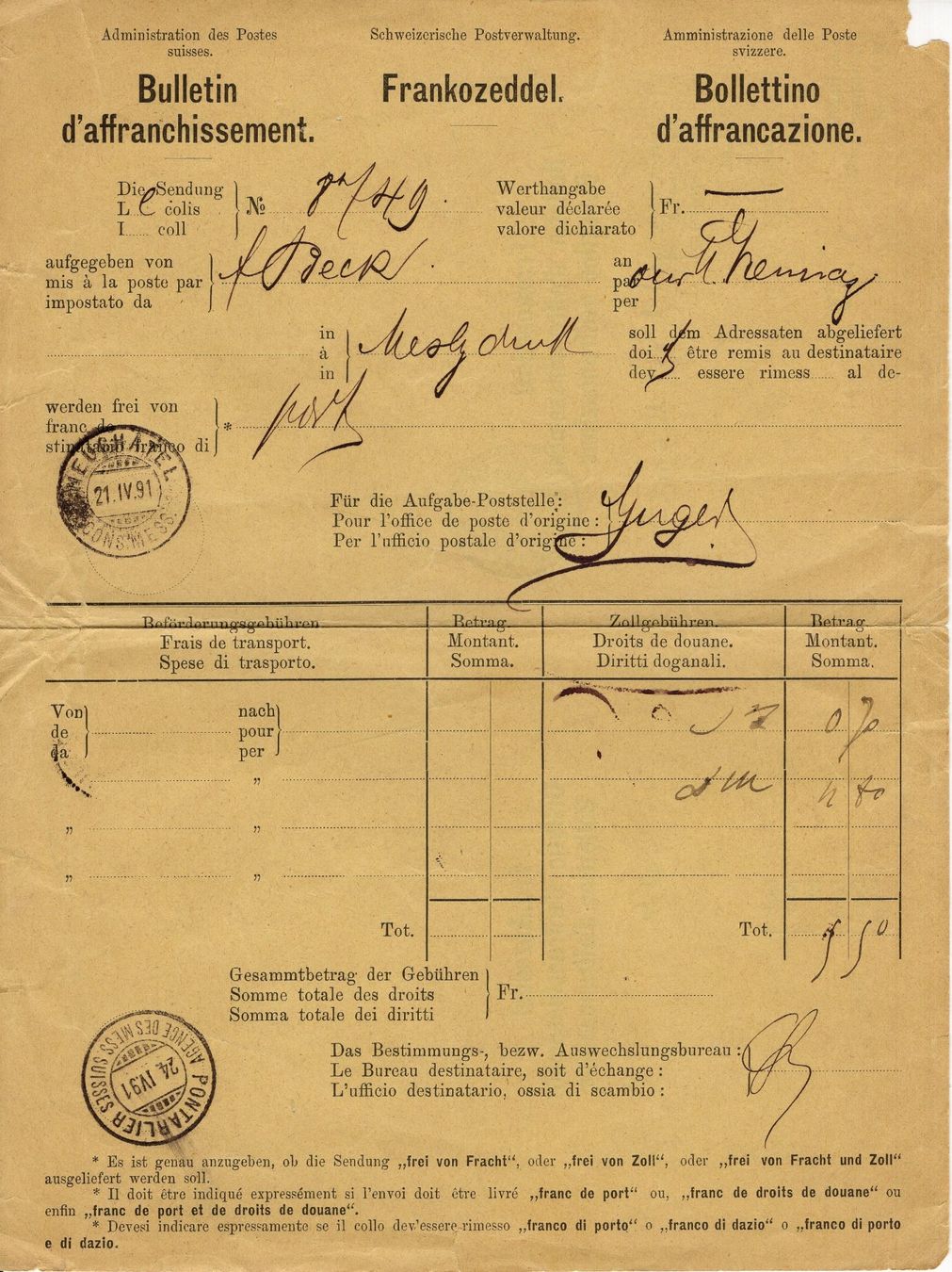 Tous les timbres: seltenes Postformular - Frankozettel von PONTARLIER – D'occasion à Eglisau par Chperfins 1