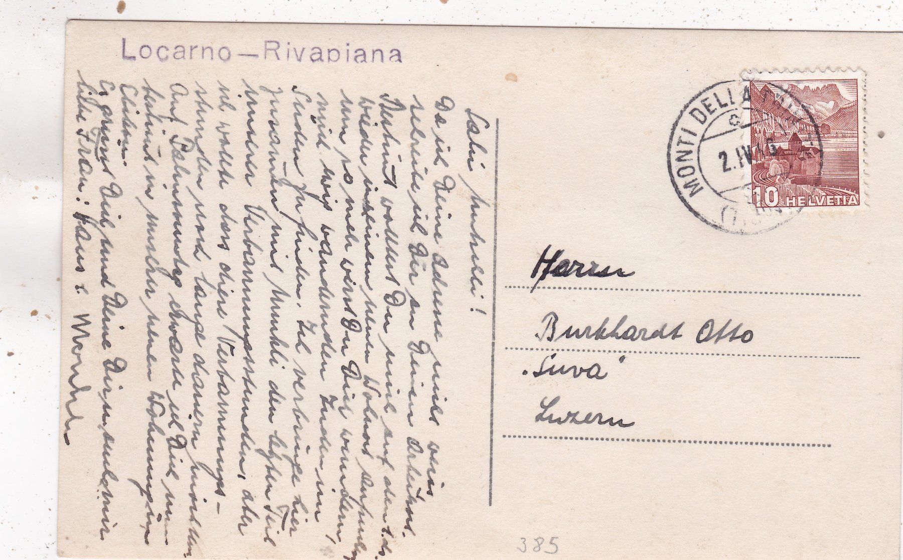 Cartoline postali: Locarno Rivapiana 1946 – Usato da Herisau venduto da Lisegrat2008 1