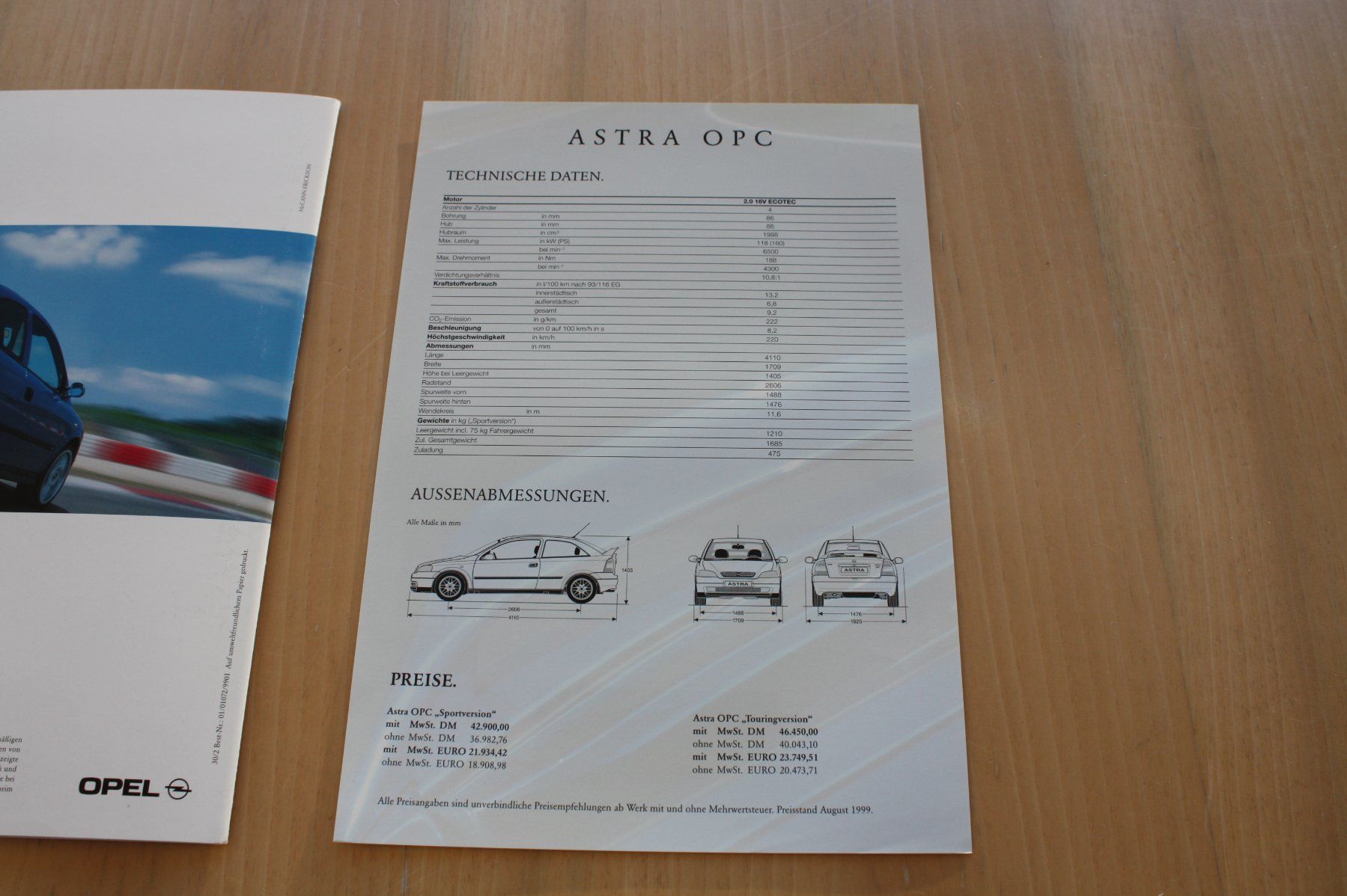 Opel Documenti: Opel Astra OPC Prospekt/Preisliste 1999 – Usato da Wikon venduto da erwin400 5