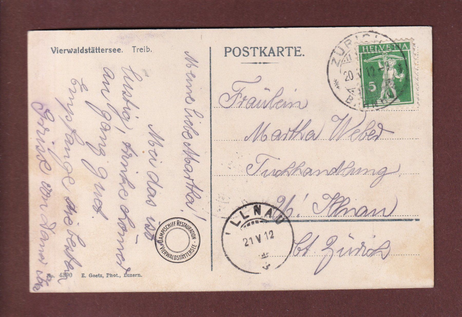 Cartoline postali: Vierwaldstättersee - TREIB - 1912 – Usato da Pully venduto da nicecards 1