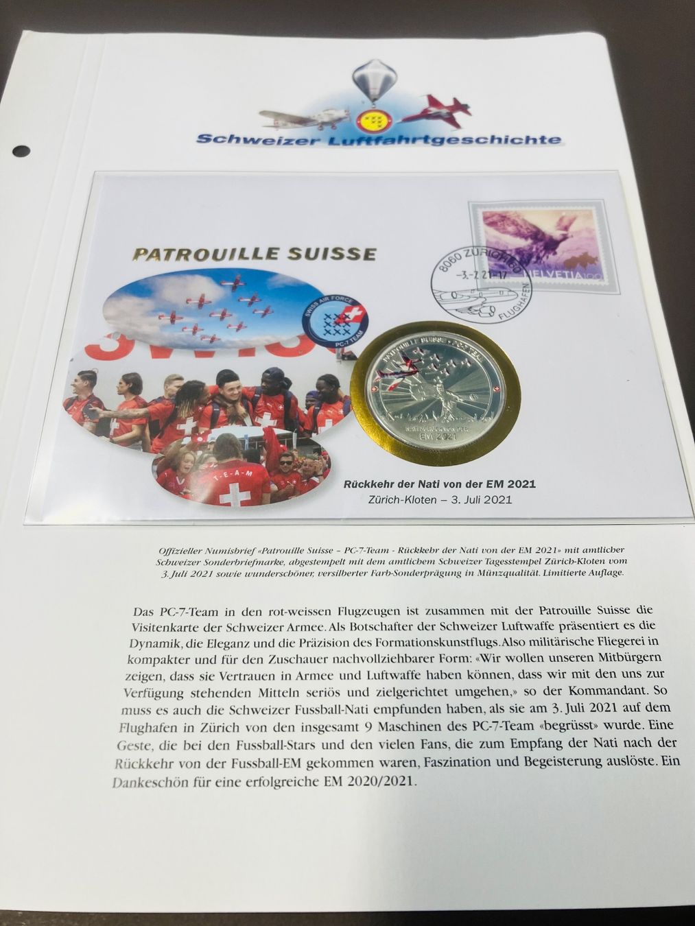 Medaglie: Patrouille Suisse  Numisbrief versilberte Medaille 2021 – Usato da Merenschwand venduto da Garfield2026 2