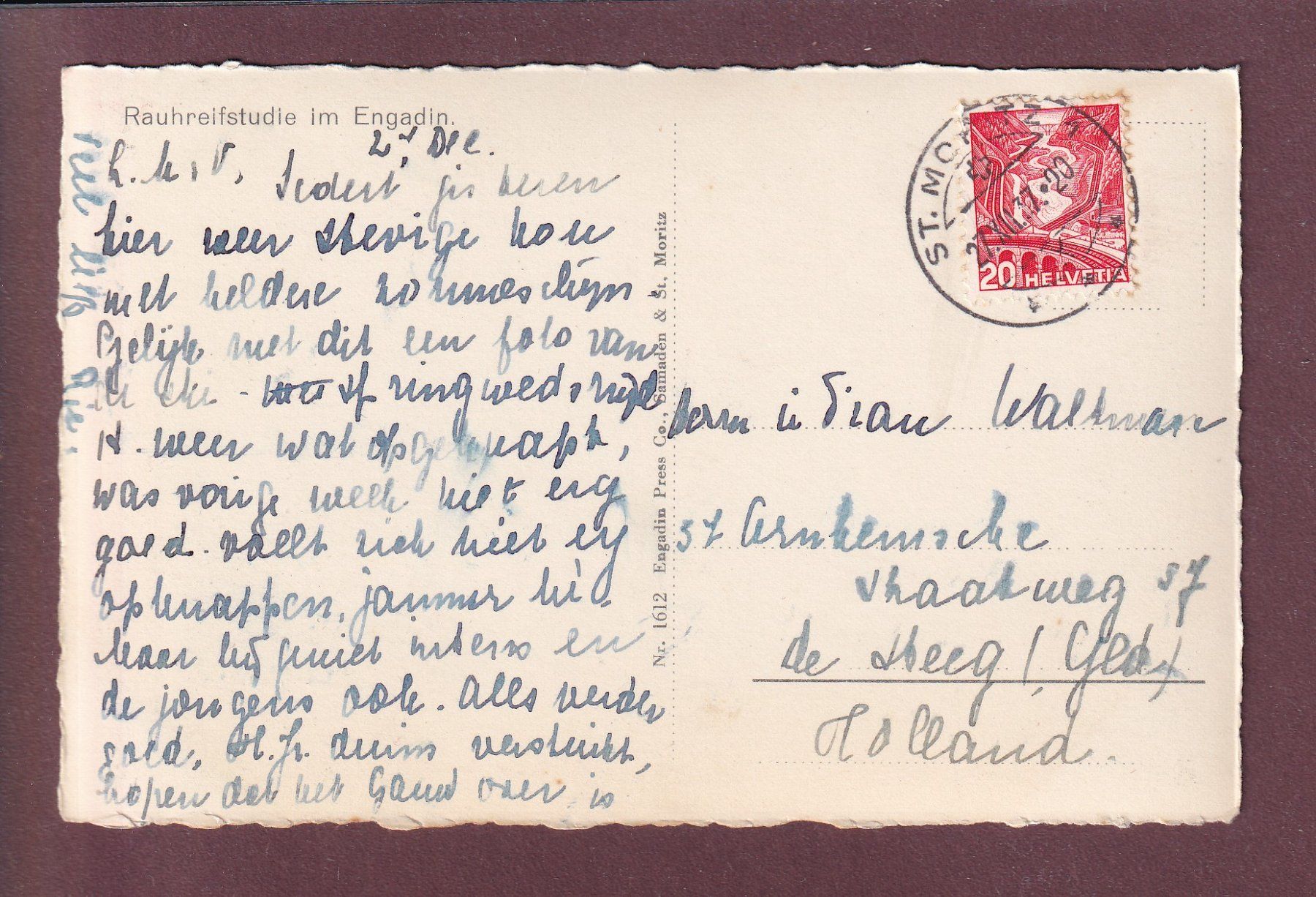Cartoline postali: ENGADIN - Rauhreifstudie - 1937 – Usato da Pully venduto da nicecards 1
