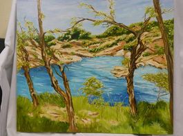 Acrylbild Meeresbucht mit Bäumen