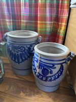 2x Pots anciens grès décor bleu-toupie - vinta
