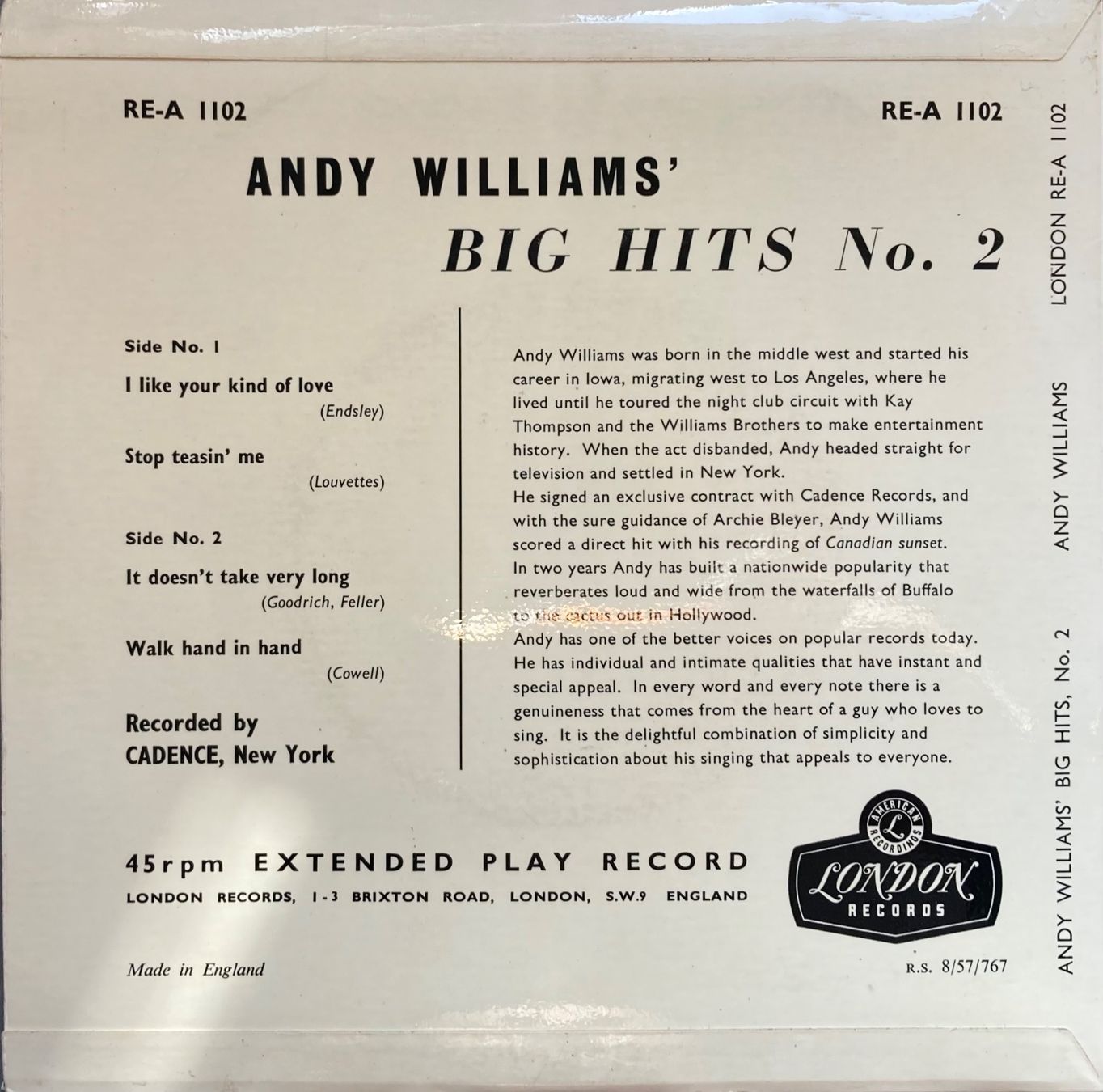 Dischi in vinile: ANDY WILLIAMS - ANDY WILLIAMS BIG HITS - NO.2 – Usato da Poliez-Pittet venduto da Newtown-Records 1