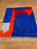 Teppich Wolle abstrakt blau rot orange mit Fransen 