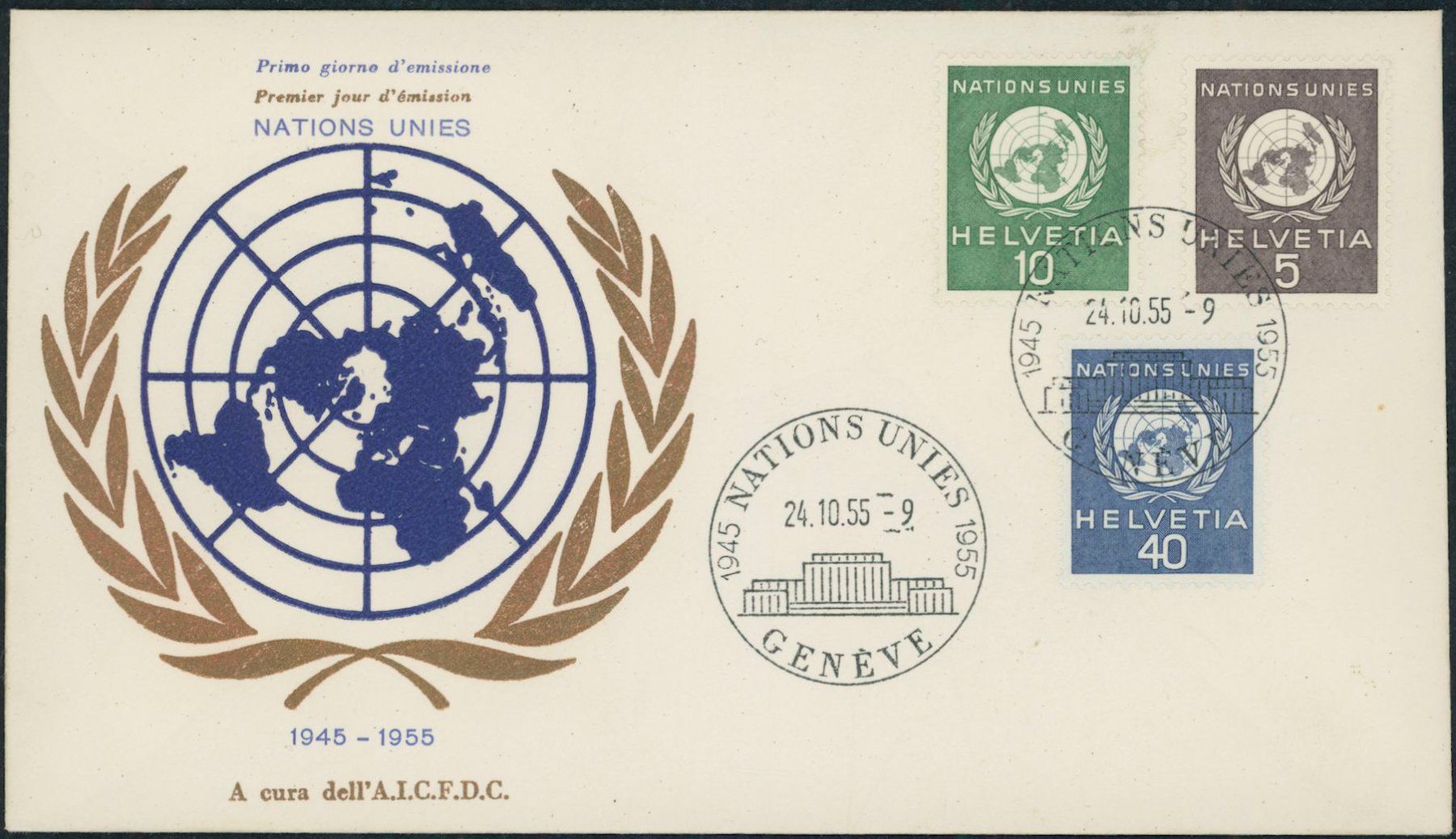 Tutti i francobolli: 1955 - Genfer Aemter - ONU - Ersttagsbrief FDC ET – Usato da Schindellegi venduto da leecollect 1