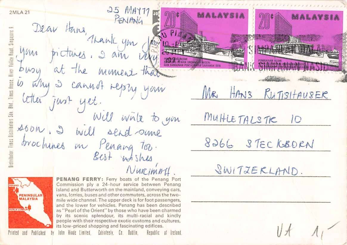 Cartoline postali: EXOTISCHE Ansichtskarten 4x MALAYSIA in die Schweiz – Usato da Lufingen venduto da TopAnsichtskarten 3