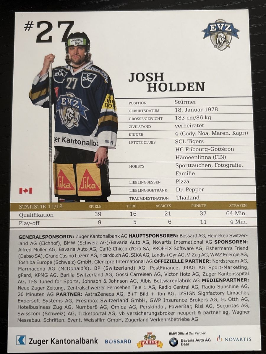 Autografi: EVZ Josh Holden Autogrammkarte Saison 12/13 – Usato da Uetendorf venduto da hoisle 1