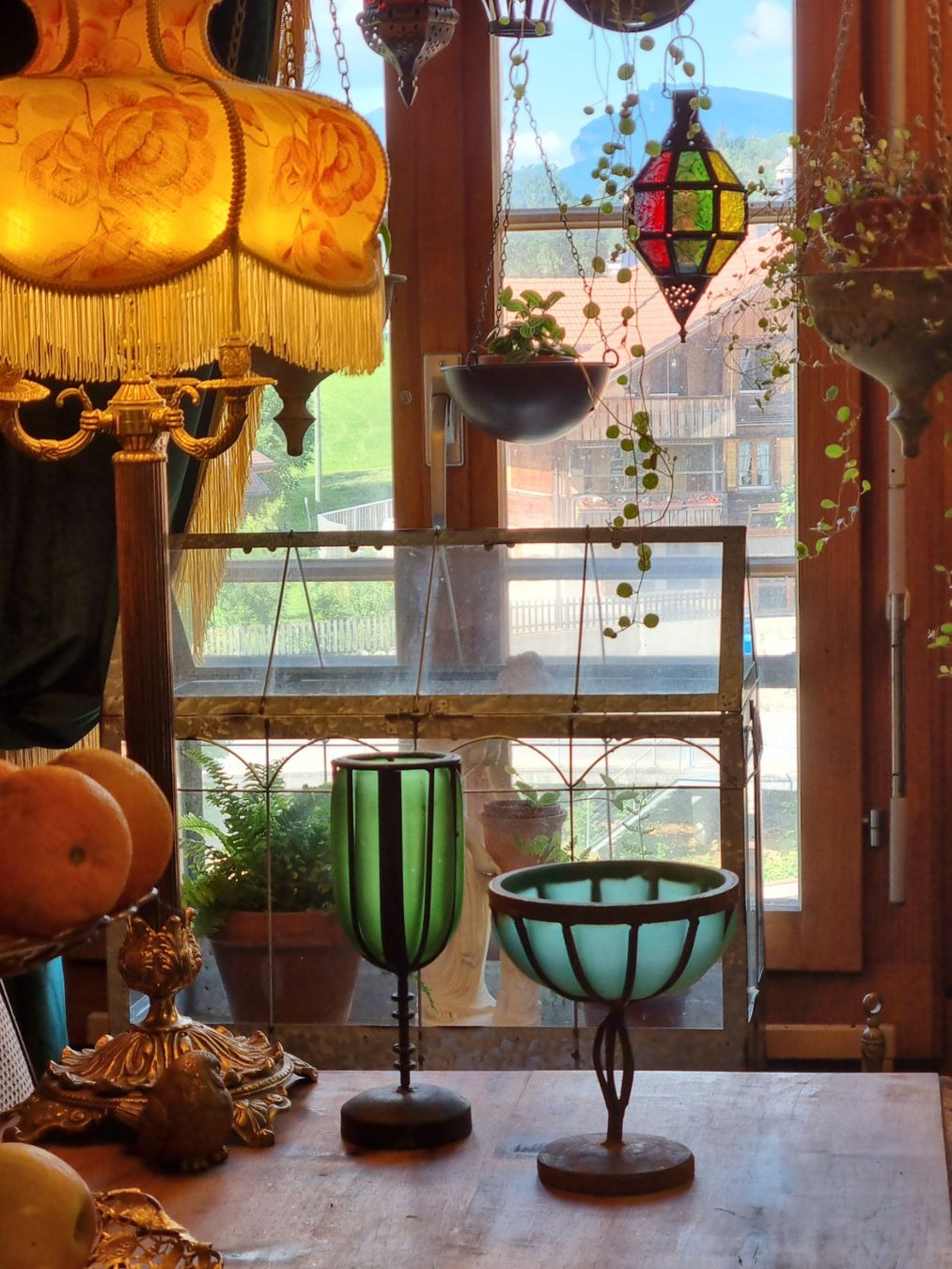 Portacandele: 2 Windlichter grünes Glas Metall Jugendstil – Usato da Scharnachtal venduto da devin03 2