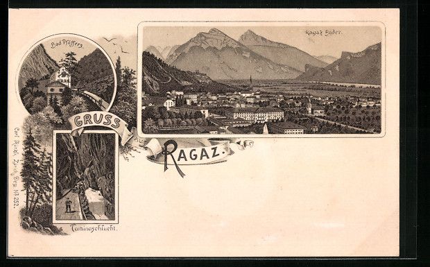 Cartoline postali: Litho Ragaz, Teilansicht mit Bädern, Ta – Usato da Berlin venduto da bartko-reher