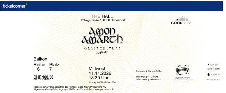 Tickets: Amon Amarth Konzert | Sitzplatz | 11.11.2026 – Neu (gemäss Beschreibung) aus Lenzerheide/Lai von Schuerme