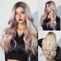 ✅ NEU Lange synthetische Perücken, blond mit rosa Strähnen
