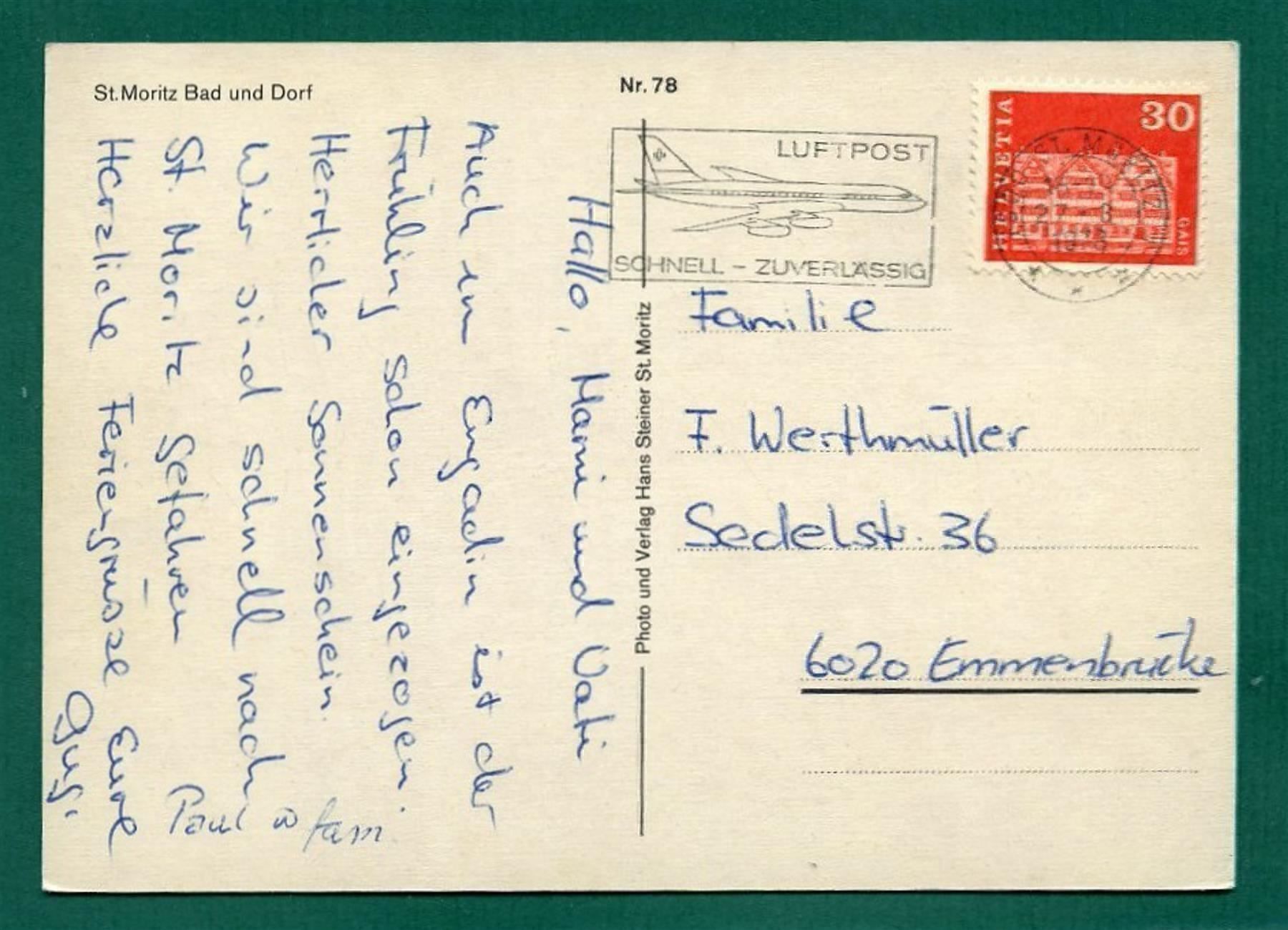 Cartoline postali: St. Moritz Bad und Dorf, 1978, gelaufen, Grossformat – Usato da Sargans venduto da Hausi1951 1