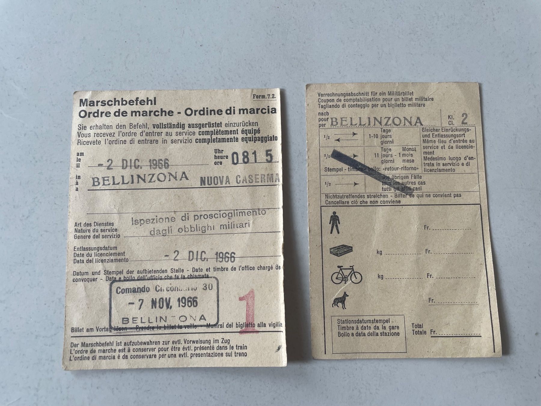 SBB/CFF/FFS Documenti: Marschbefehl - Ordre de marche 1966 – Usato da Minusio venduto da Pink222