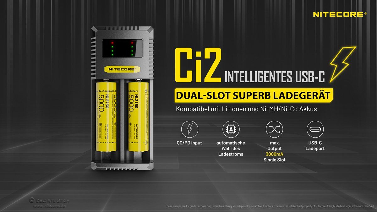 NiteCore Akkus & Batterien: Akku Ladegerät NiteCore Ci2, dualslot mit USB-C – Neu und originalverpackt aus Grüningen von Prolumin