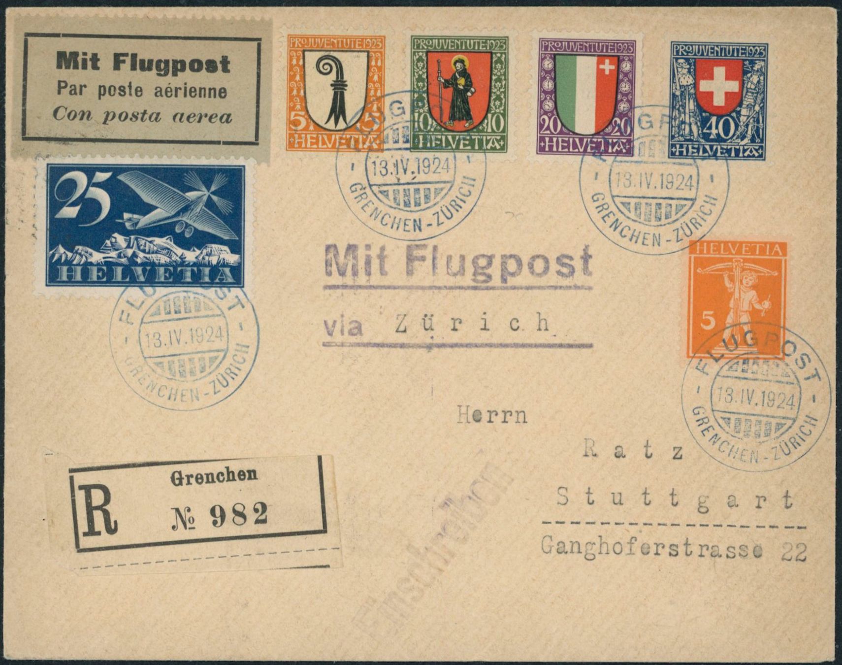 Tutti i francobolli: 1923 - Pro Juventute - Brief - MiF - Flugpost - Grenchen SO – Usato da Schindellegi venduto da leecollect