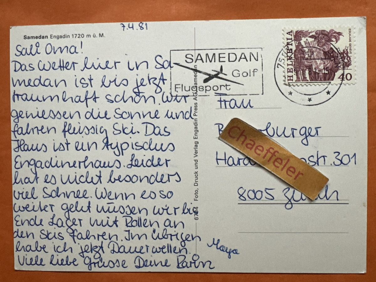 Cartoline postali: 1981 Samedan Engadin – Usato da Zürich venduto da Chaeffeler 1