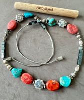 Boho-Ethno Long Kette – Türkis & Koralle – Vintage 62 cm