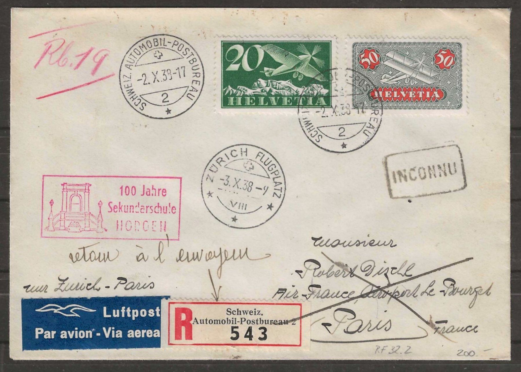 Alle Briefmarken: 1938 : Flugbrief nach Paris - RF 38.2 – Gebraucht aus Gümligen von Geniusbuy