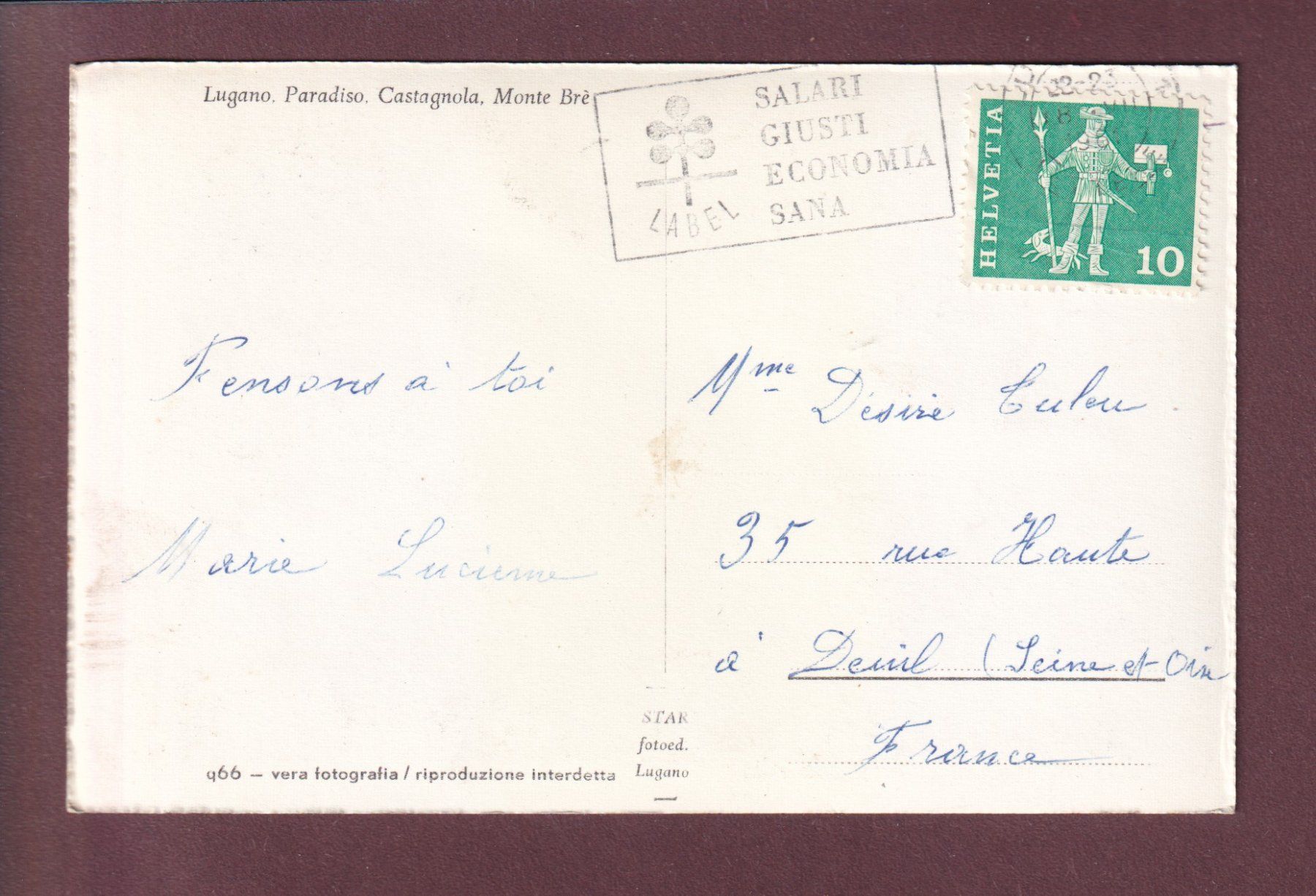 Cartoline postali: LUGANO - Paradiso - Castagnola - 1961 – Usato da Pully venduto da nicecards 1