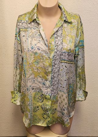 ZARA Damen Bluse Hemd Patchwork Print Gr. M Grün Blau Weiss