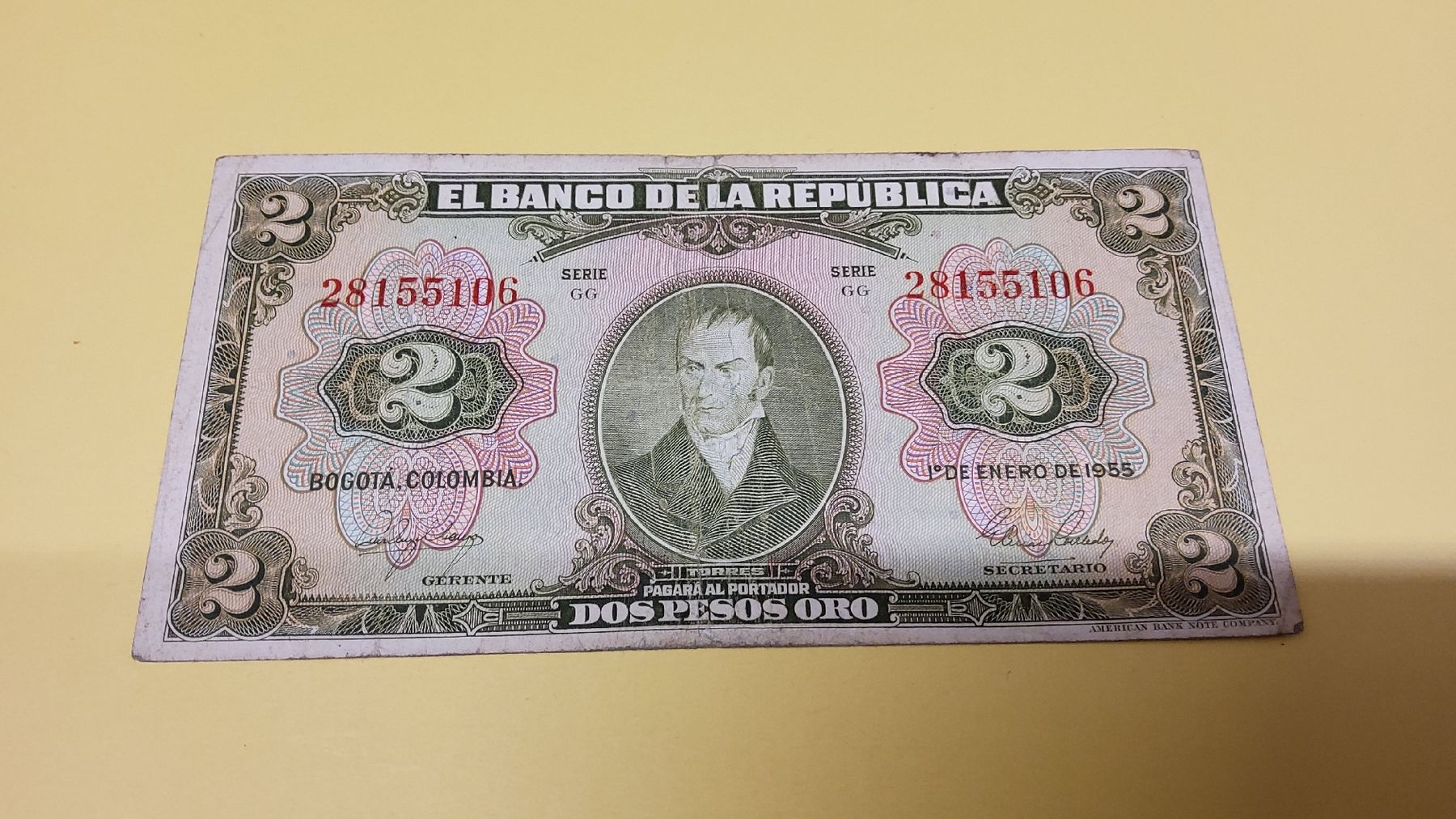 Banknoten: Kolumbian Peso Banknote von 1955 – Gebraucht aus Herisau von Nluanalucas