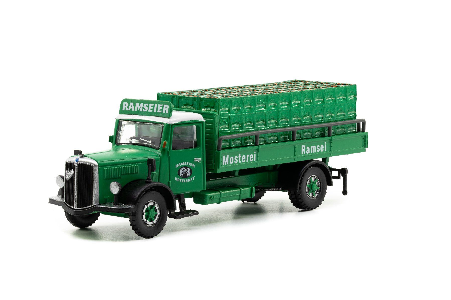 Saurer Modellini d'auto: ACE 2372 Saurer S4C Pritsche Ramseier  1:87 – Nuovo e nell'imballaggio originale da Derendingen venduto da Benfis