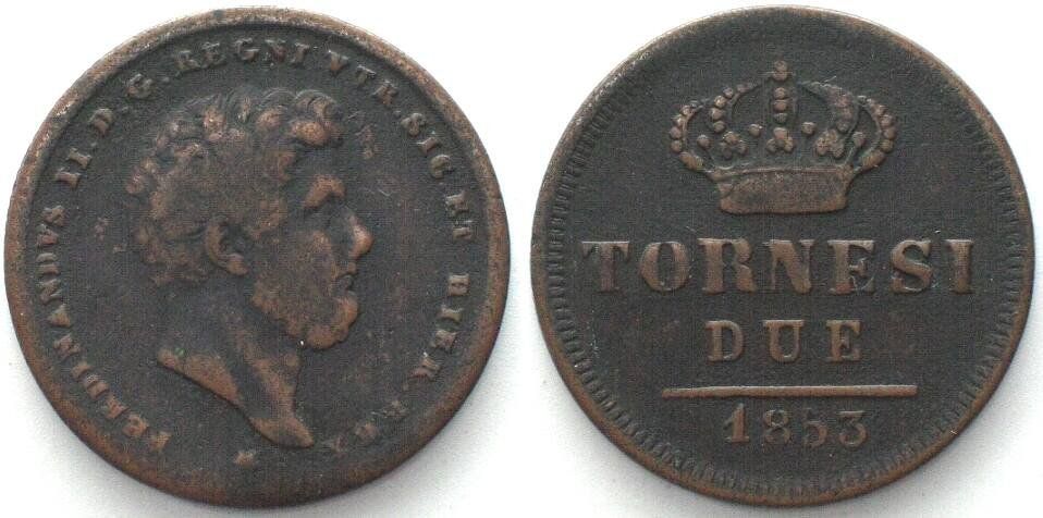Tutti le monete: DUE SICILIE 2 Tornesi 1853 FERDINANDO II di BORBONE rame – Usato da Riehen venduto da sesambestcoins2004