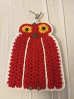Topflappen, Eule, rot / weiss, Wolle, handgehäkelt, neu