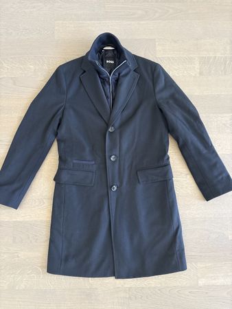 BOSS Mens Wool Blend Overcoat Black Size 46 Slim Fit