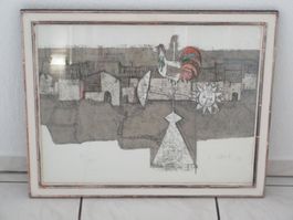 Rudolf Mirer Orig.-Lithographie WETTERHAHN MIT DORF hs/hn