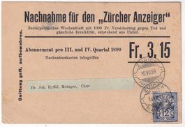 Nachnahme Zürcher Anzeiger 1899 Rasierklingen Stempel-> Chur