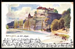 Litho Laupen /BE, Schloss auf Felsen