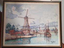 Aquarelle - de Félix Robin - Moulin et bateaux
