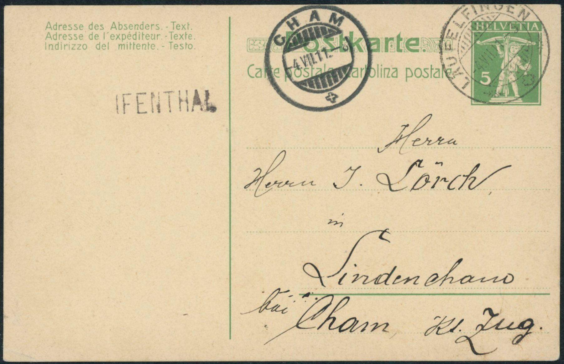 Tutti i francobolli: SO Ifenthal - Stabstempel - Läufelfingen BL - Karte -> Cham – Usato da Schindellegi venduto da leecollect