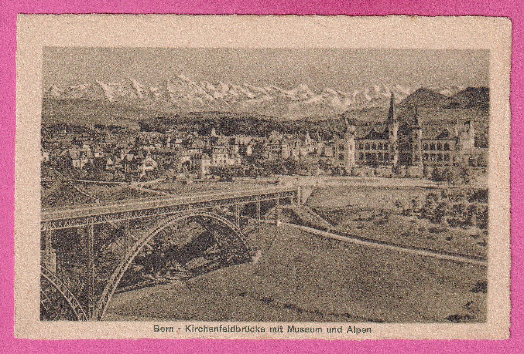 Cartoline postali: Bern Kirchenfeldbrücke mit Museum und Alpen – Usato da Einsiedeln venduto da dillie
