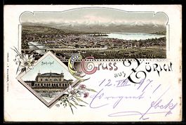 Lithographie Zürich, Bahnhof und Totalansicht aus der Vogels
