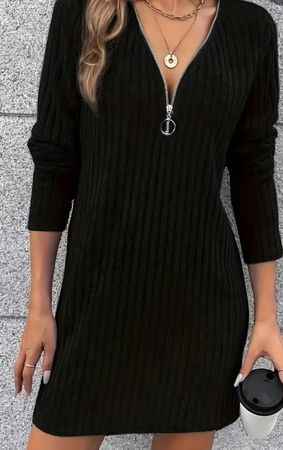 Rippstrick Kleid schwarz Reissverschluss Damen Grösse S