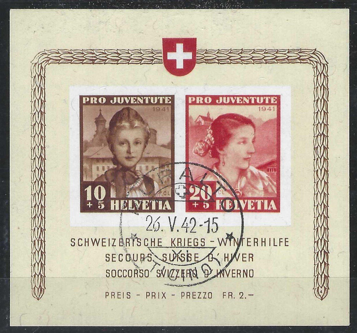 Tutti i francobolli: 1941 Pro Juventute Sonderblock, Ersttagstempel – Usato da Wildhaus venduto da Brunphil