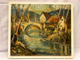 Ölbild auf Platte, Brücke mit Fluss und Häusern im Dorf.