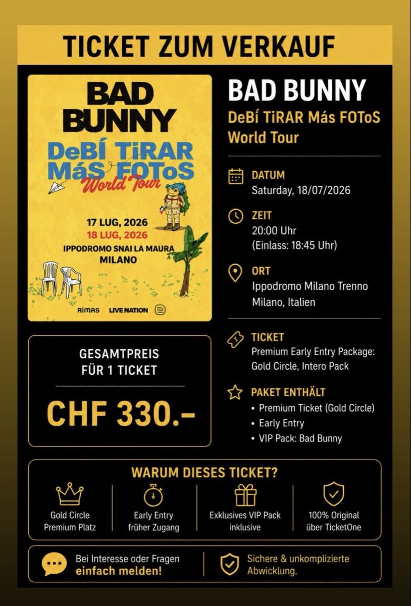 Biglietti: Bad Bunny, VIP Ticket, Mailand 18.07.2026 – Nuovo e nell'imballaggio originale da Wohlen AG venduto da prettymf